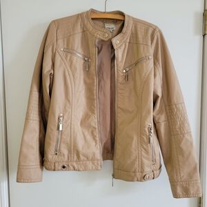 LIKE NEW Jou Jou Tan Brown Zip Front Faux Leather Moto Jacket w Lining Womens L